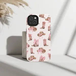 Coquette Cowgirl Pink Bow Phone Case  Aesthetic Western Boot & Hat Design for IP Phone 16, 15, 14, 13, 12, 11 Pro Max, Plus, Mini, X, XR, XS, 8, 7