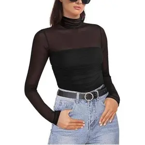 Women's Long Sleeve Sheer Mesh Bodysuit Mock Neck Fashion Ruched Fishnet Slim Fit Top for Versatile Wear scrub  long  sleeve intimissimi Outfits Elegance jumpsuits for women jumpsuit rompers for women romper overalls overalls for women  jumpsuit