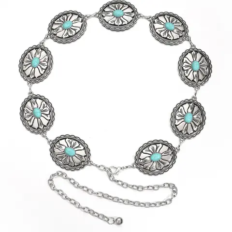 Women's Boho Style Turquoise Texture Decor Chain Belt, Sparkling Western Belt, Trendy Retro Cowboy Cowgirl Belt, Chic Vintage Clothes Accessories for Daily & Party Clothing Decor, Jewellery, Casual Dress Belt, Stylish Belts, Textured Belt, Statement Belts