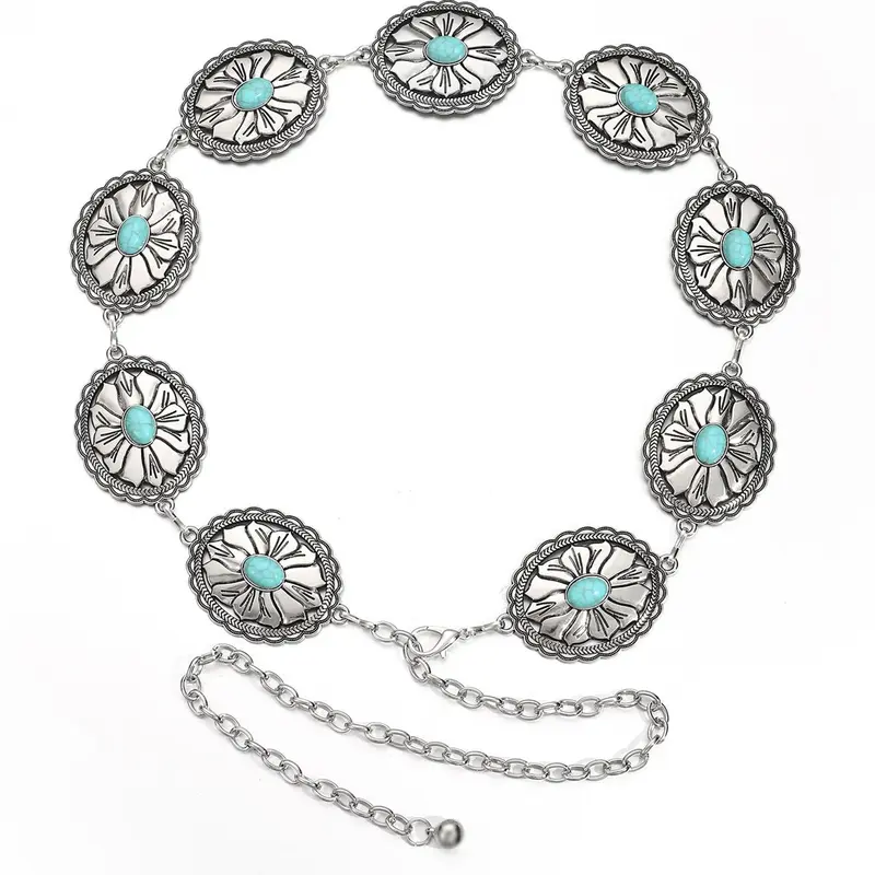 Women's Boho Style Turquoise Texture Decor Chain Belt, Sparkling Western Belt, Trendy Retro Cowboy Cowgirl Belt, Chic Vintage Clothes Accessories for Daily & Party Clothing Decor, Jewellery, Casual Dress Belt, Stylish Belts, Textured Belt, Statement Belts