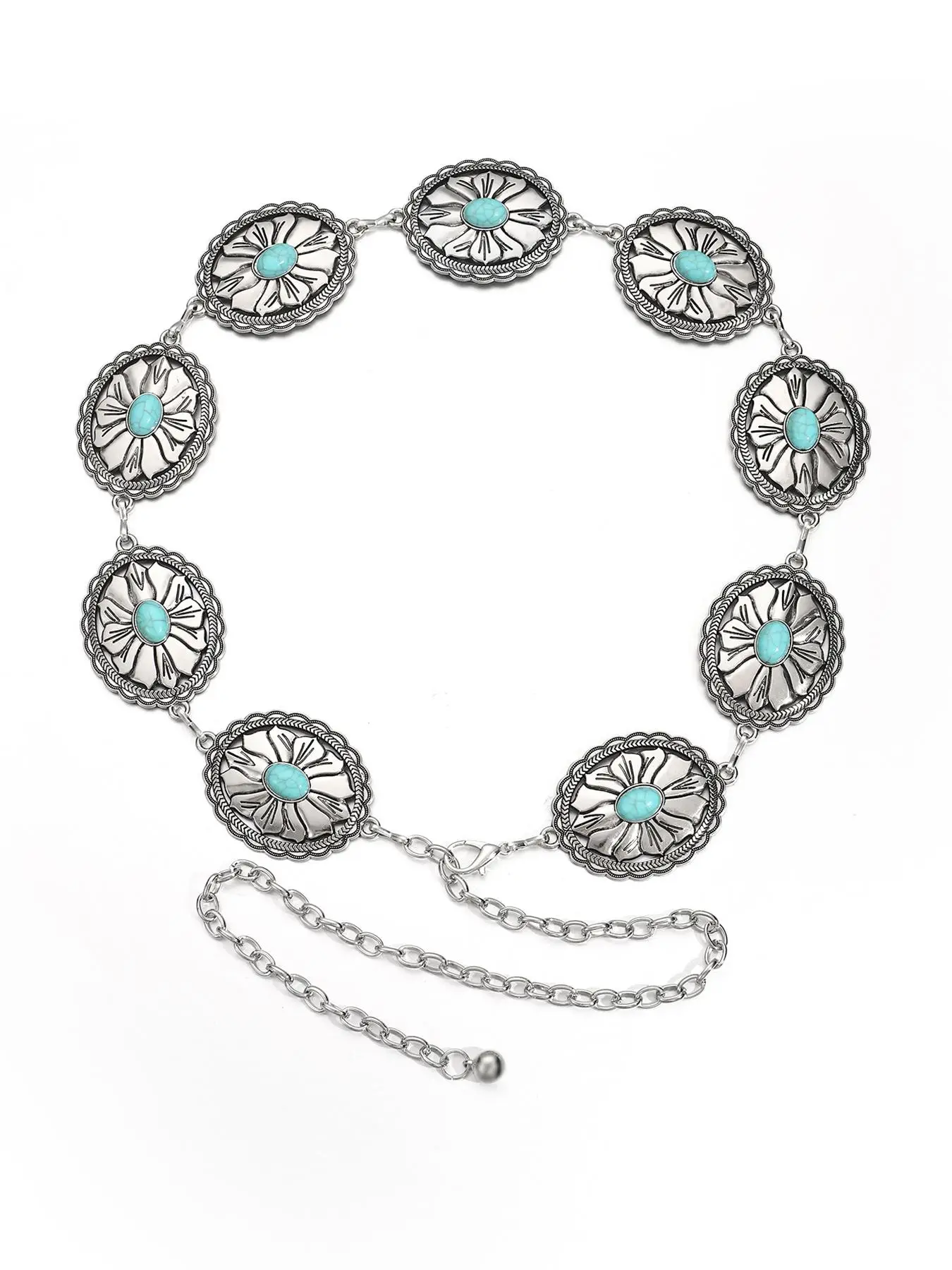 Women's Boho Style Turquoise Texture Decor Chain Belt, Trendy Retro Cowboy Cowgirl Belt, Chic Vintage Clothes Accessories for Daily & Party Clothing D