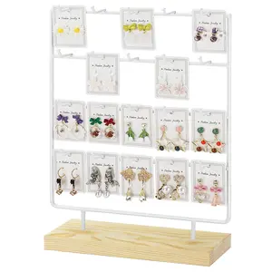 4 Tier 20 Hooks Earring Display Stands Jewelry Display Wooden Base Earring Holder Organizer for Necklaces Rings Bracelets White