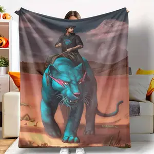 Blue Panther Flannel Blanket Fantasy Rider Illustration Soft Warm Cozy Lightweight Durable Perfect for Bedroom Living Room Office Travel Gift tiktokshopspringglowup