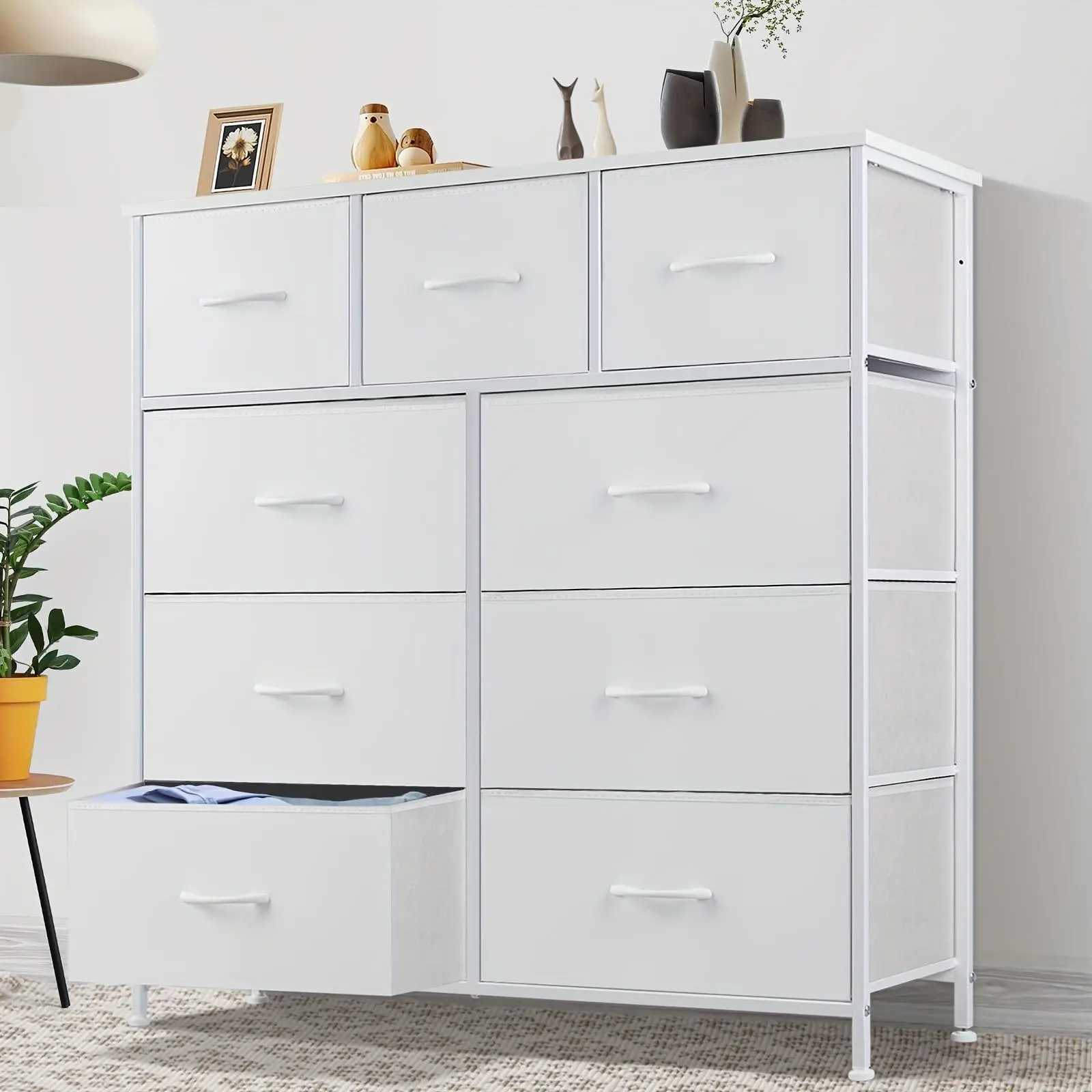White Iron Frame Storage Drawer Dresser - 9-Drawer Single Unit Chest, Indoor Furniture Cupboard & Cabinet Organizer with Wooden Top, Requires Assembly for Bedrooms & Living Rooms, Drawer Chest
