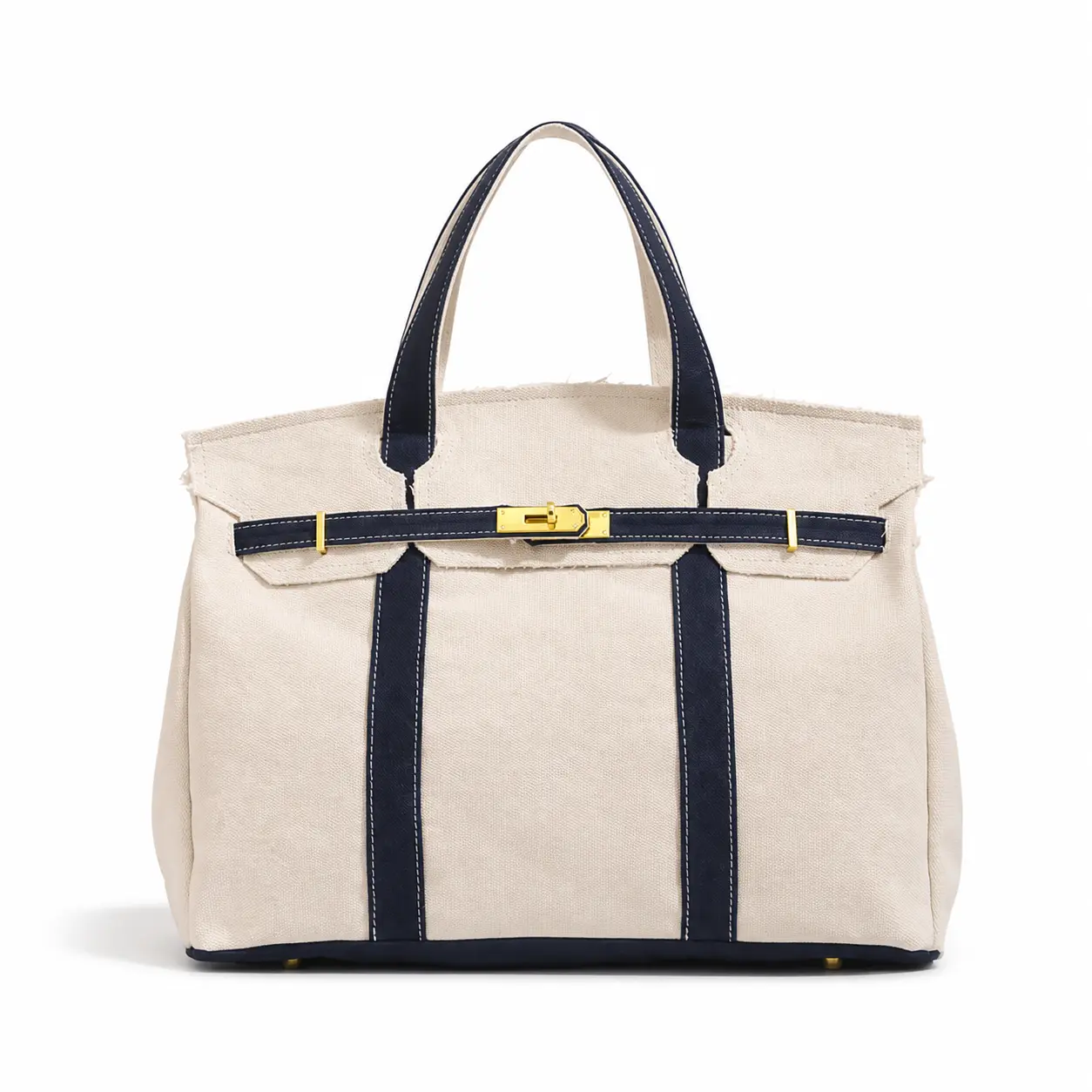 Canvas Tote Bag for Women, Structured Color-Trim Top Handle Handbag with Gold-Tone Belt Detail for Work and Everyday Use