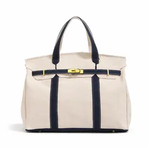 Canvas Tote Bag for Women, Structured Color-Trim Top Handle Handbag with Gold-Tone Belt Detail for Work and Everyday Use