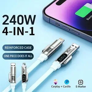 240W 4-in-1 Charging Cable, USB A Type C Lightning, Aluminum Alloy, Liquid Silicone, Compatible with iPhone 17/16/15, iPad, Samsung, Laptops