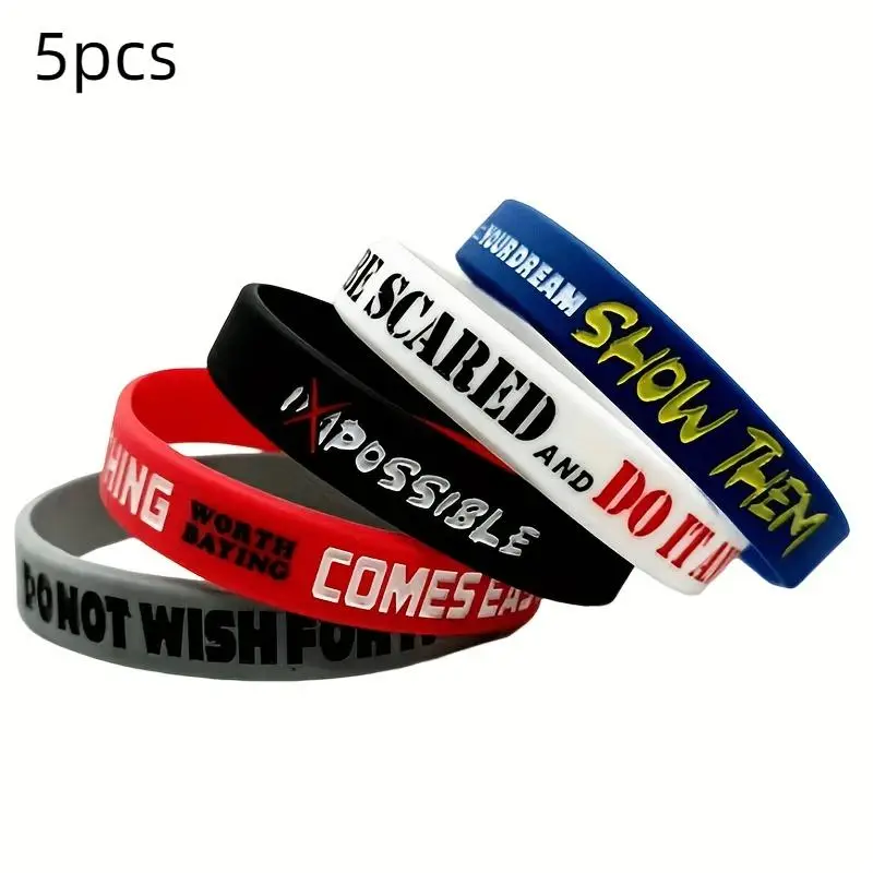 Spring Colorful Silicone Sports Wristband, 5 Counts/set Inspirational Quotes Silicone Wristband, Indoor Recreation Equipment, Summer Gift, Gym Accesso