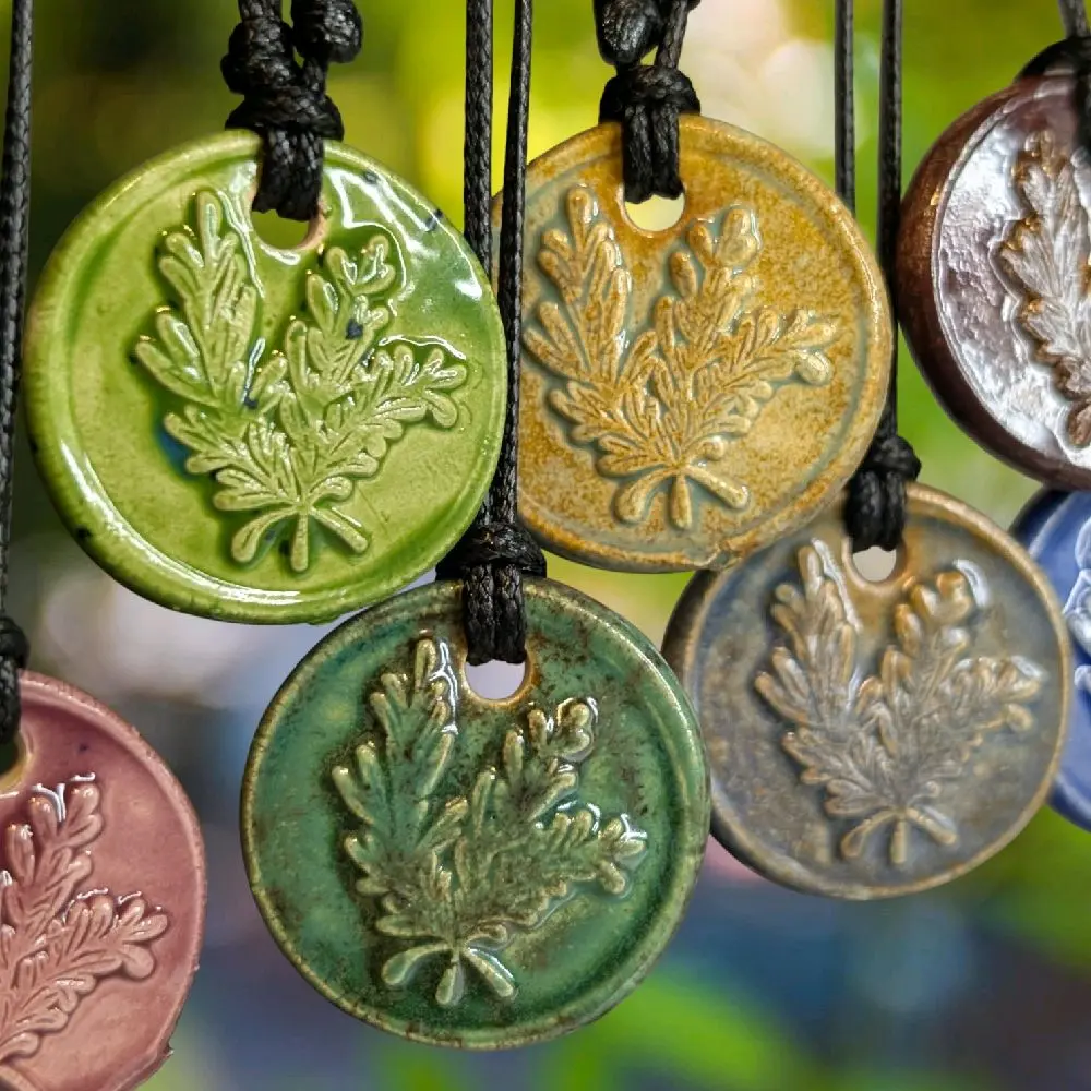 Rosemary Branch Floral Botanical Pendant Boho Ceramic Wax Seal Pendant Y2K Hippie Whimsical Choker Adjustable Black Cord Necklace Clay Charm