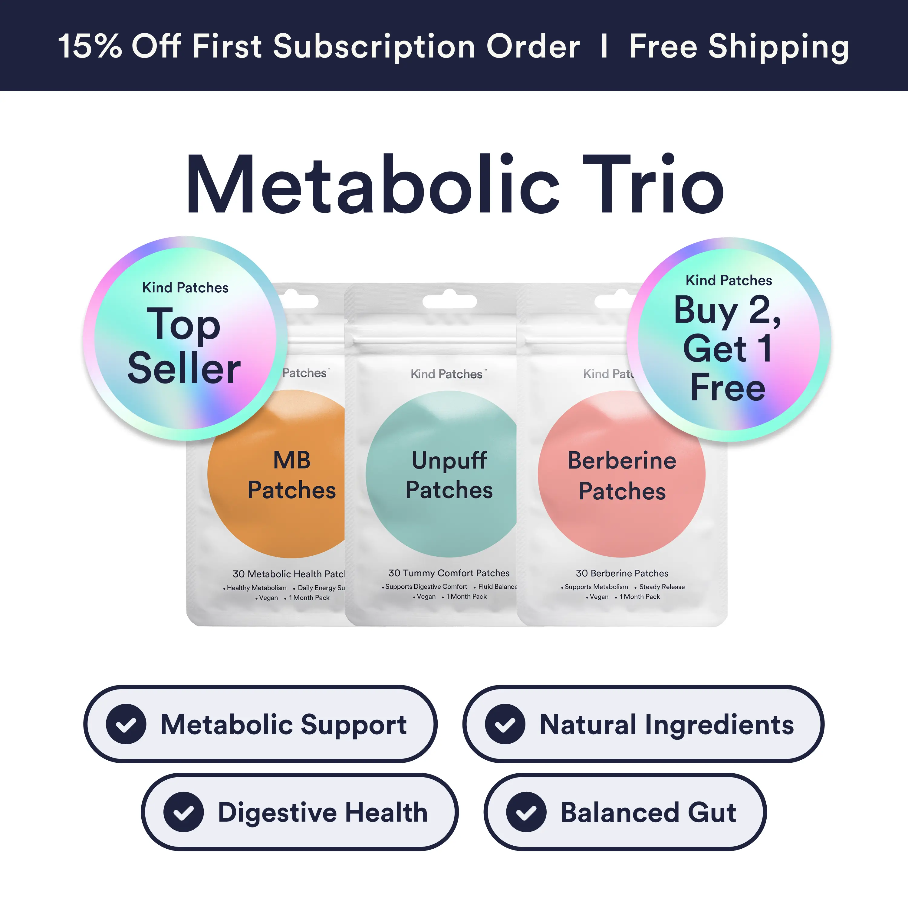 Kind Patches Metabolic Trio Bundle, MB Patches + Berberine Patches + Unpuff Patches, Metabolic Support, Clean Energy, Balanced Gut, Digestive Health, Natural Ingredients, 3 Months Supply