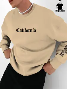 【Plus Size】 Letter Print Drop Shoulder Casual Streetwear Sweatshirt, Casual Long Sleeve Round Neck Pullover for Fall & Winter, Men's Clothes for Daily Wear