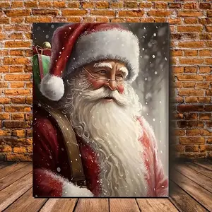 1 Piece Vintage Santa Claus Canvas Wall Art with Wooden Frame - Ready-to-Hang Snow Scene Christmas Painting, Classic Country Style Red and White Holiday Decoration, Bedroom, Office - Durable Frame Printed with Santa Claus and Gif Modern Home Decor