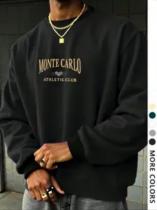 Men's Casual Loose-Fit Long Sleeve Sweatshirt, Letter Pattern Print, Ribbed Cuff Hem Design, Thick Fabric, All Season Wear