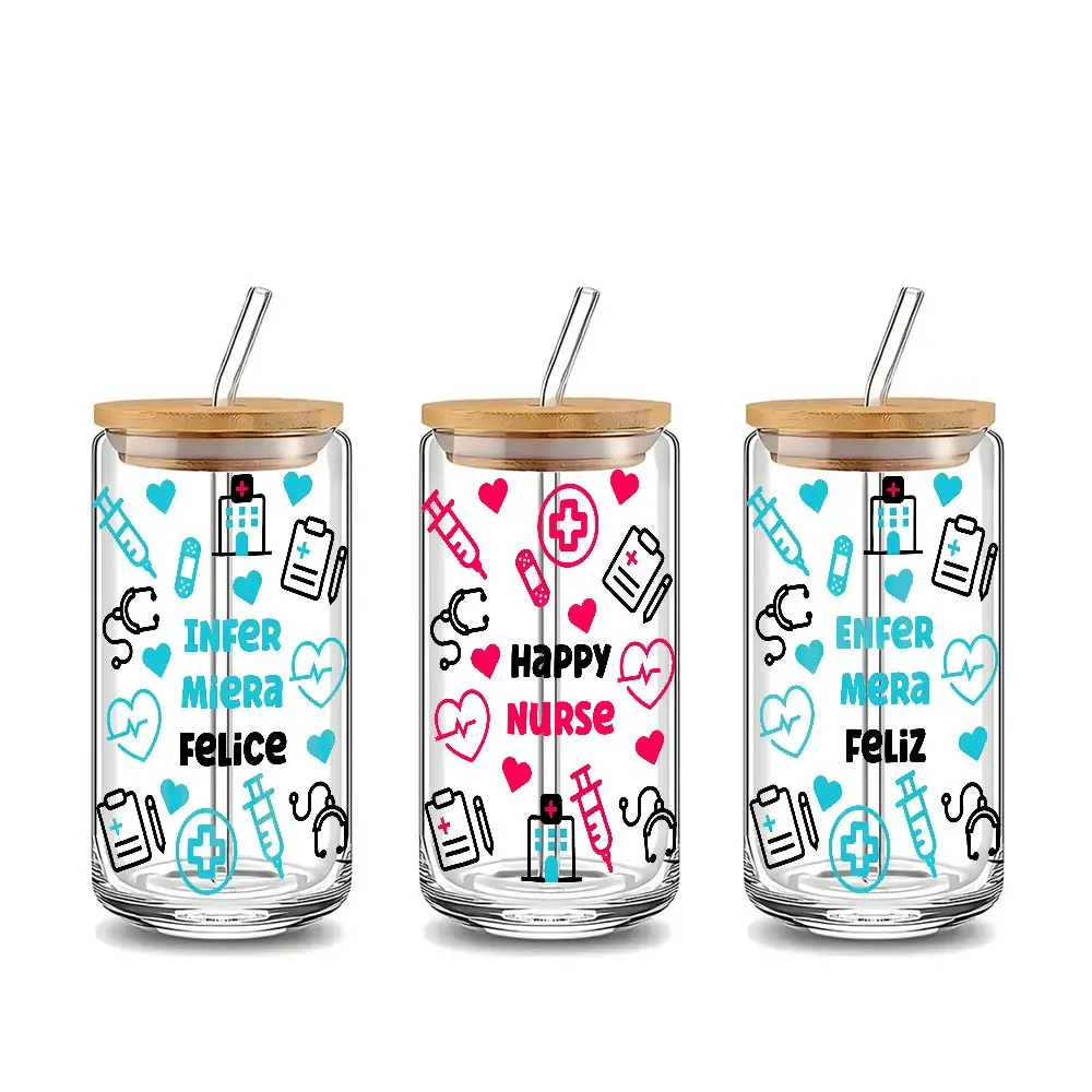 Happy Nurse Medical Theme 16oz Glass Can Cup with Lid and Straw, Reusable Glass Drinking Cup, High-Quality Jar for Iced Coffee, Hot Chocolate, Stylish Fashionable Glassware, Nurse Gift, Perfect for Nurses, Nursing Students, Medical Professionals