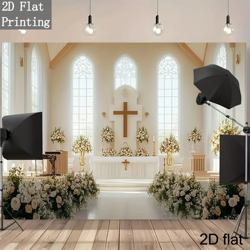 Large White 2D Flat Print Lightweight Wedding Chapel Backdrop with Elegant Cross Altar, Tall Golden Vases - Suitable for Church Baptisms, Quinceañera Decor, Photo Booth Studio Use (Neutral Religious Ceremony Tapestry)