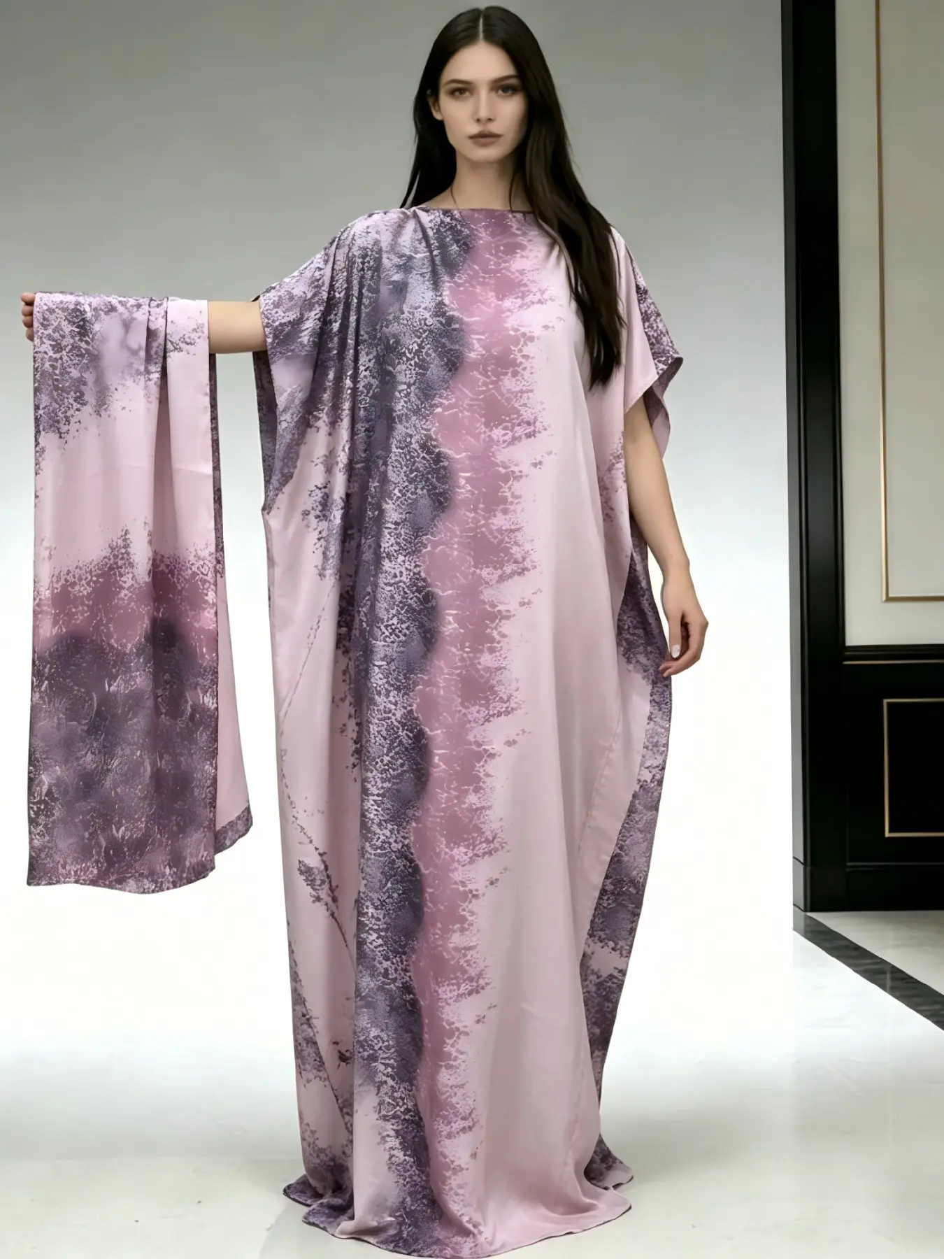 1dress+1scarf light pink purple tone lightweight blended printed long robe dress set beach summer dress for women's plus size boat neck Batwing loose long dress Boho vacation style casual outdoor banquet dress Kaftan robe, Casual wear, Elegance