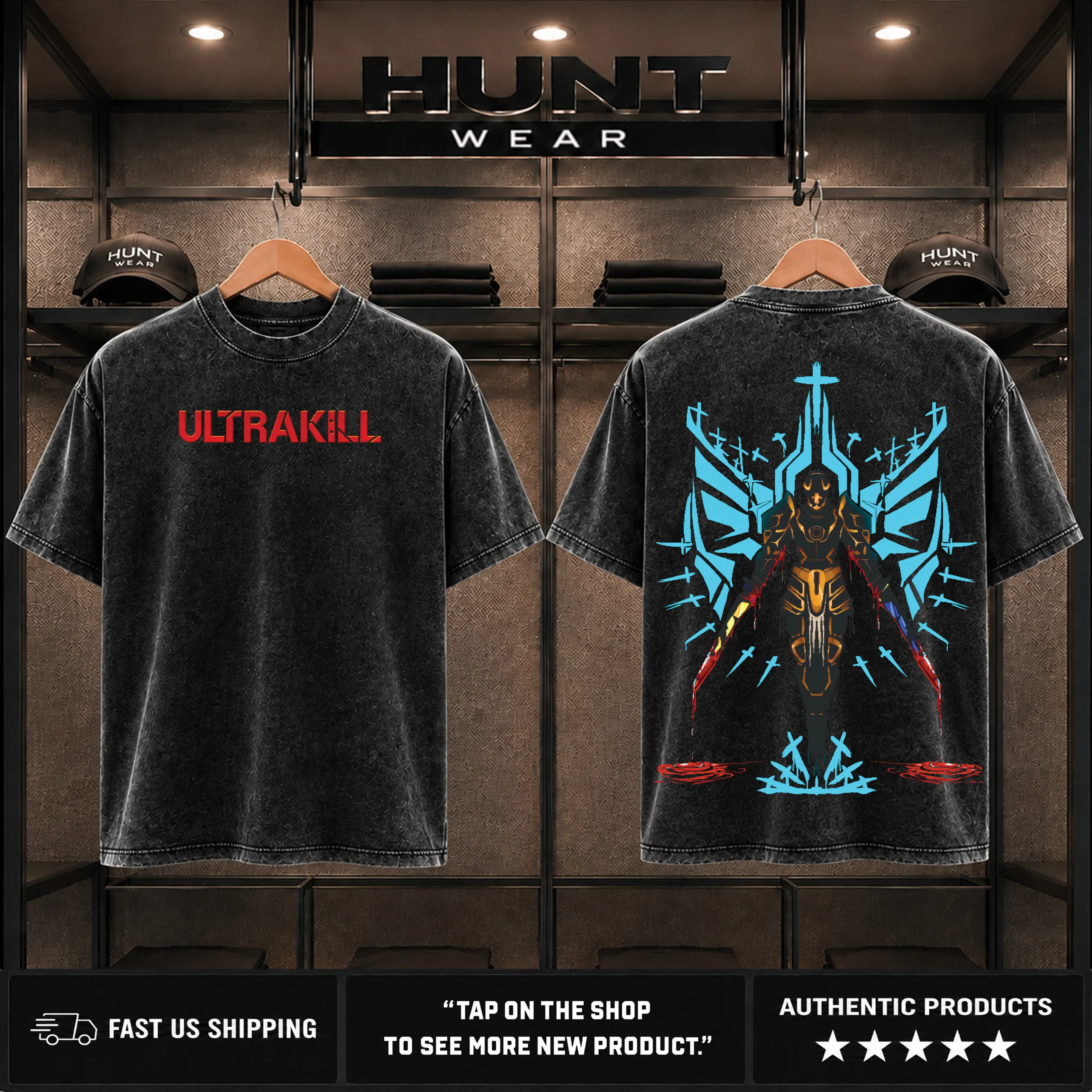 Ultrakill Gabriel Fallen Angel Gaming T-Shirt Double-sided Heavyweight Washed Fabric Cotton Graphic Tee Gamis Oversized Crewneck Streetwear Casual