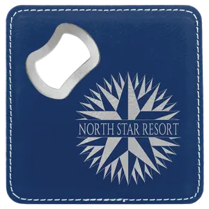 Square Blue/Silver Laserable Leatherette Coaster with Bottle Opener