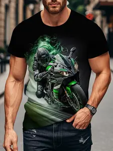 Men's Kawasaki Motorcycle Print T-Shirt, Street Racing Style 3D Short Sleeve Top, Multifunctional Casual Fashion Clothing