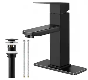 Matte Black Bathroom Sink Faucet Combo with 2 Supply Hoses & Pop-Up Drain Stopper, Single Handle Modern Vanity Faucet for 1 or 3 Hole Installation, RV Farmhouse Lavatory Faucet