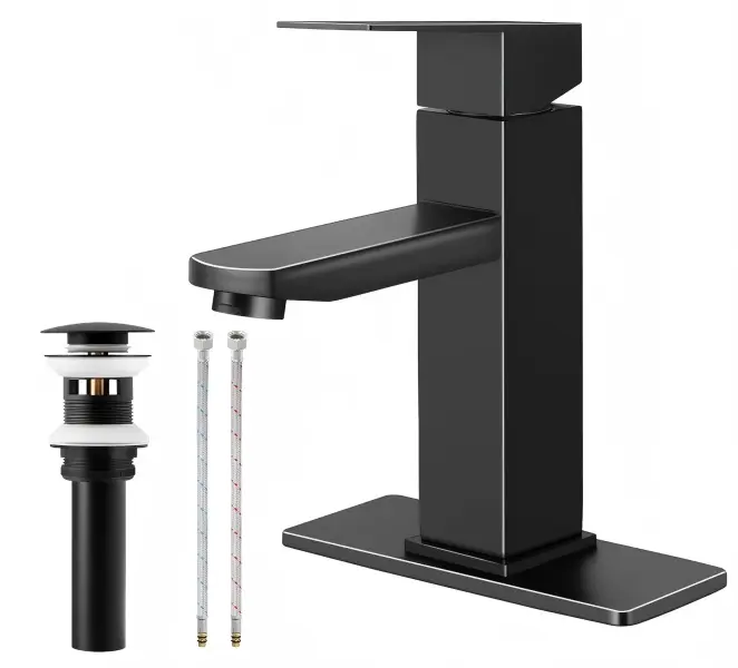 Matte Black Bathroom Sink Faucet Combo with 2 Supply Hoses & Pop-Up Drain Stopper, Single Handle Modern Vanity Faucet for 1 or 3 Hole Installation, RV Farmhouse Lavatory Faucet