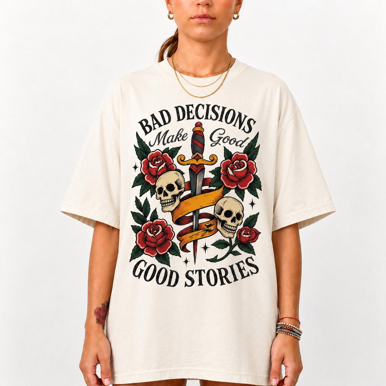 Bad Decisions Make Good Stories Shirt for Women, Vintage Skull Snake Graphic Tee, Retro Tattoo Flash T-Shirt, Gothic Alternative Shirt, Edgy Rocker Graphic Tee
