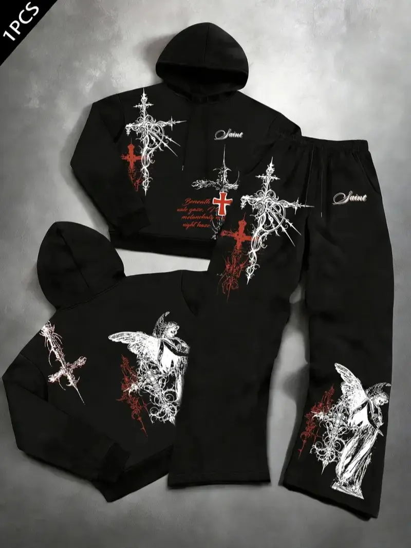Saint Gothic Angel 2-Piece Sportswear Set, Cross Print, Angel Pattern, Ink Splatter, Y2K Grunge Style, Casual Wear, Hoodie Sweatpants Set, Matching Sweatsuit Set, Casual Sportswear Outfit