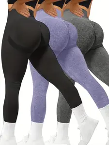 Sporty Women's Solid Color Ruched High Waist Sports Leggings, High Waist Activewear Bottoms, Sporty Comfy Breathable Skinny Pants for Yoga Gym Workout Running, Ladies Sportswear for All Seasons