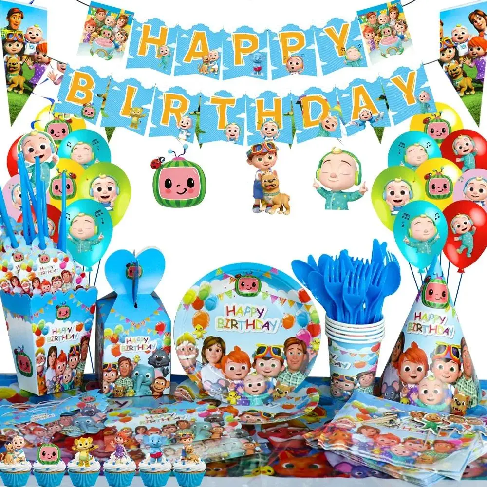 Cocomelon Boys Decoration Birthday Party Balloons Set Background Tableware Cup Knife Fork Background Baby Shower Supplies