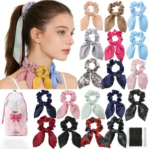 25Pcs Satin Scrunchies for Thick Hair with Hair Pins, Hair Ties with Bow for Women's Hair, Bunny Ear Scrunchies, Hair Accessories for, Scrunchies Solid Warm Colors