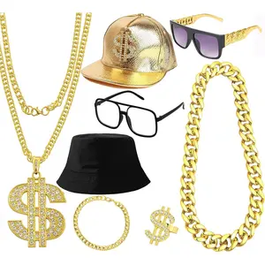 80s 90s Fashion Hip Hop Rapper Costume Kit for Men Dollar Sign Necklace Rapper Party Outfits Accessories Gangster Artificial