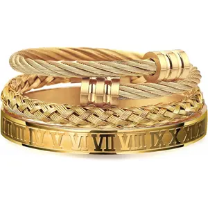 3count Stainless Steel Bracelets for Men Gold Roman Numeral Bangle Bracelet Twisted Cable Bracelet Adjustable Cuff Bracelet Mens Luxury Jewelry Bracelets Gifts-USA