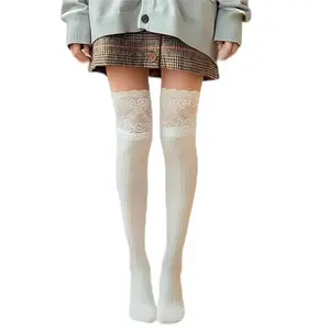Lace Knee-High Socks High-Thigh Lace-Top Cotton Long Stockings Over-the-Knee Leggings