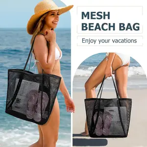 Foldable Large Capacity Beach Bag with Phone Pouch - Lightweight Mesh Gear Tote for Seaside, Sand, Vacation Travel Essentials Net Bag