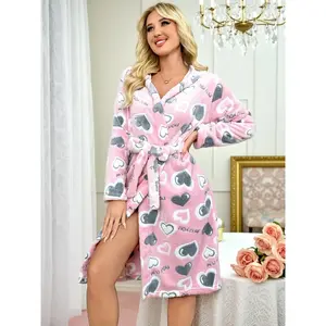 Casual Long Hooded Robe with Heart Print, Fitted Thickened Warm Homewear, Cozy Long Sleeve Lounge Robe for Women, Loungewear