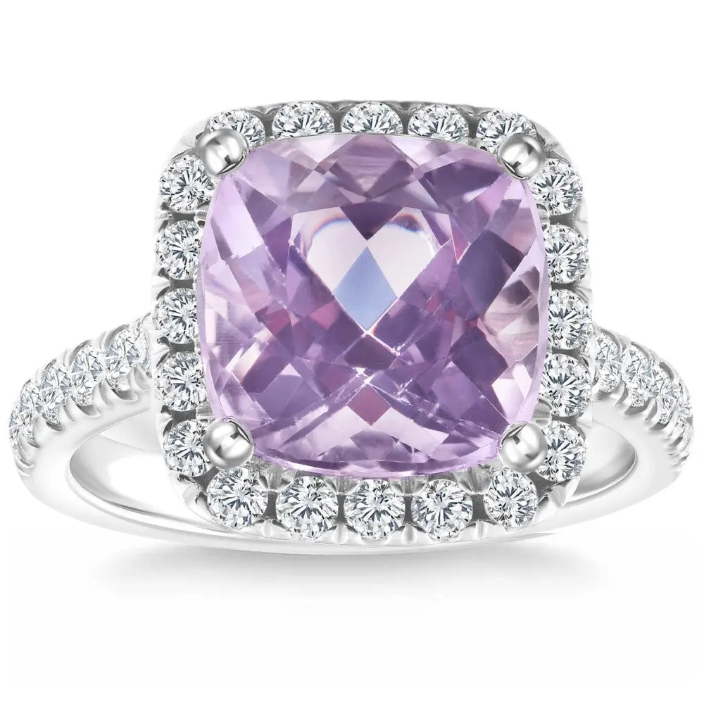 6 1/4Ct Cushion Pink Kunzite & Diamond Halo Ring 14k Gold Lab Grown 6 1/4Ct Cushion Pink Kunzite & Diamond Halo Ring 14k Gold Lab Grown