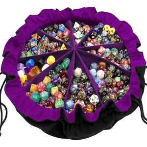 Large Drawstring Dice Bag with Pockets DND Dice Storage Bag Big Capacity Dice Pouch for RPG MTG Table Games, Holds over 300 Dice (Black & Dark Violet)