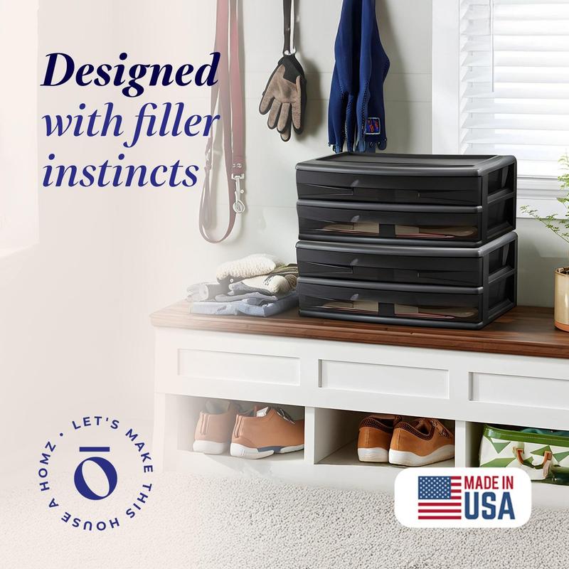 Homz Plastic 2 Drawer Wide Storage Cart, Black Frame with Smoke Drawer, 2 Pack