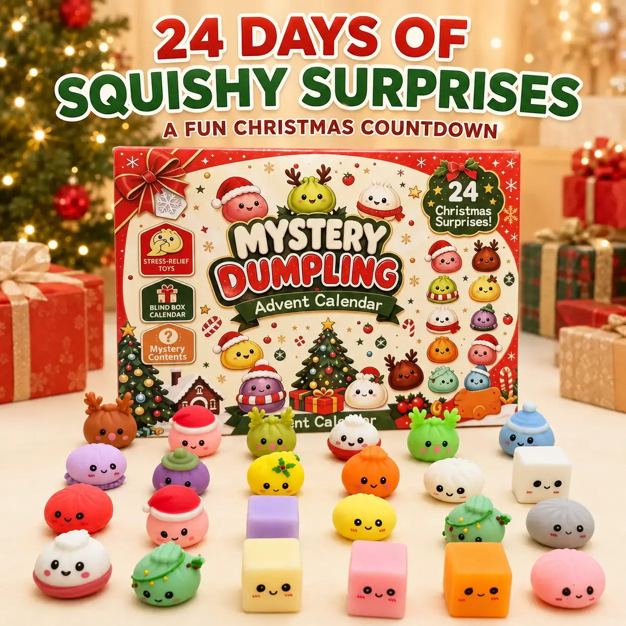 2026 Dumpling Squishy Advent Calendar - Indoor Recreation Stress Relief Toy, 24 Surprise Kawaii Mini Food Squishy Figures, Cute Christmas Countdown Holiday Gift