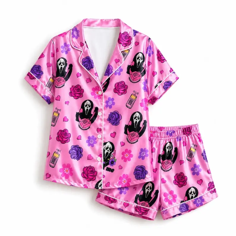 Valentine Ghostface Inspired Satin Sleepwear, Cute Pink Horror Floral Pajama Set and Gothic Gift for Her