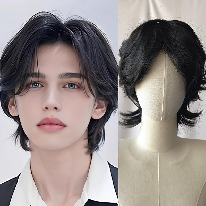 Men's Short Wig Wolf Tail Mullet Cosplay Halloween Wig with Button Net, Easy to Wear