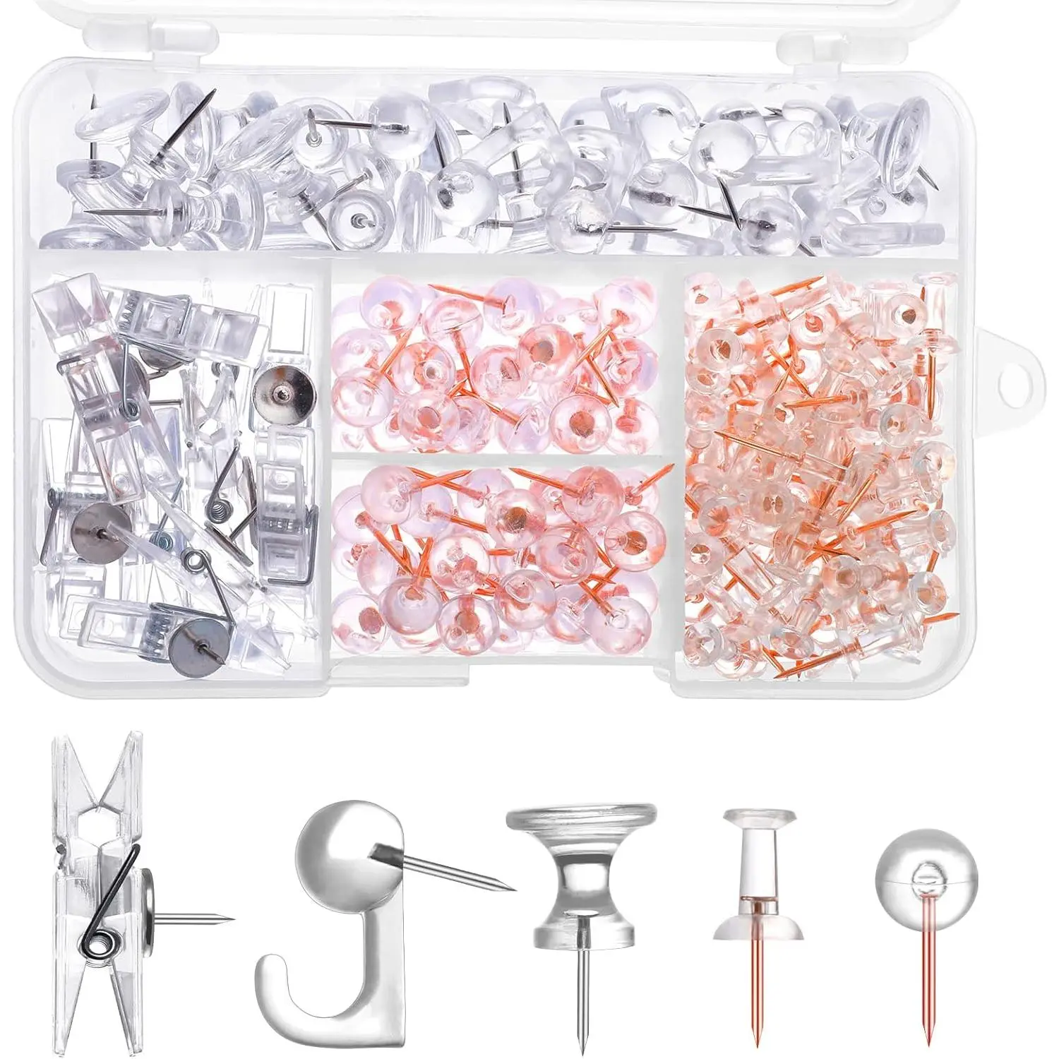 200 count Push Pins Set, 5 Types Clear Thumb Tacks Push Pins for Wall Cork Board Bulletin Boards with Storage Box