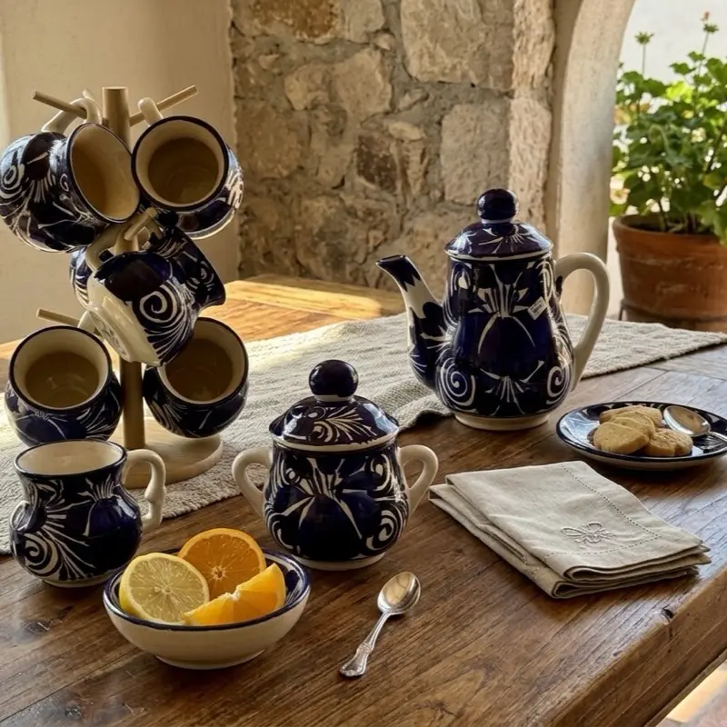 Guanajuato Mexican Talavera 8-Piece Coffee Set, Sturdy Classic Glossy Mugs for Indoor Kitchen Drinkware Use