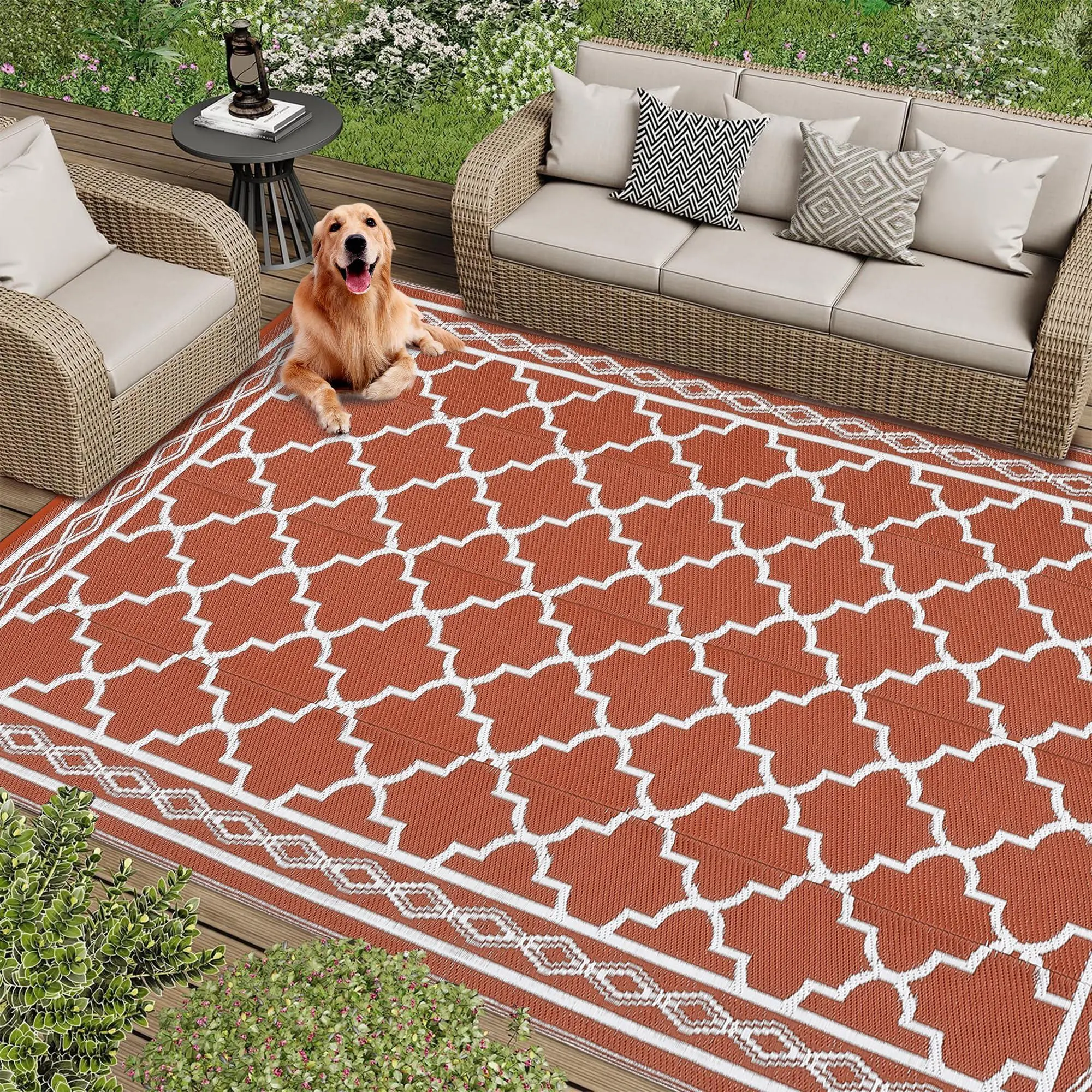 Large Outdoor Rugs Waterproof Reversible Outdoor Plastic Straw Rugs, Easy Cleaning Patio Camping Carpet, All-Weather Outside Rugs for RV Patio Porch Deck Balcony (Brick red/White)