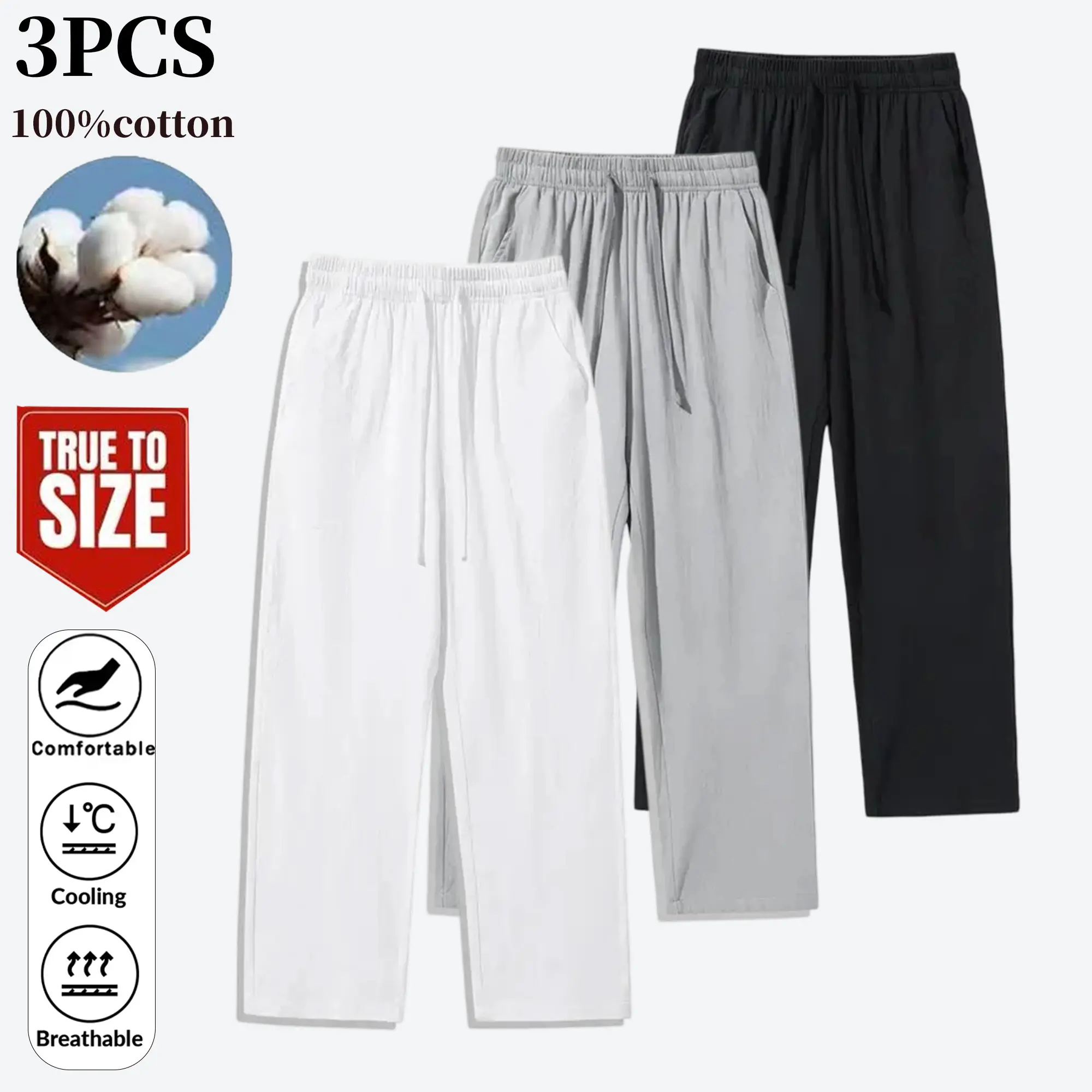 3-Pack Men’s Cotton-Linen Pants [Loose Fit], Casual Drawstring Dress Pants, Lightweight Long Pants for Beach Summer