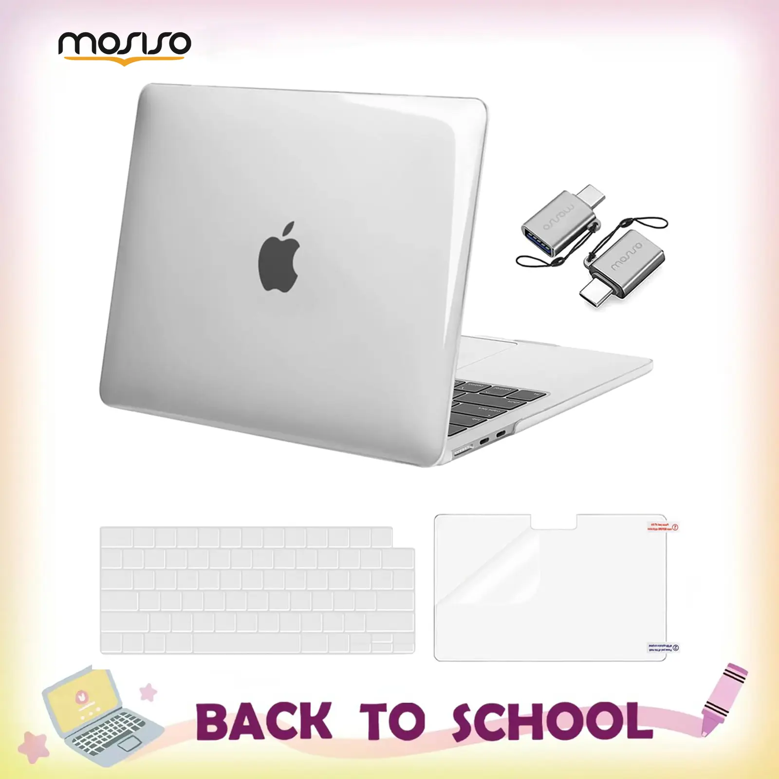 MOSISO Compatible with MacBook Air 13 inch Case M5 2026 M4 2025 M3 M2 2024-2022 A3449 A3240 A3113 A2681, Hard Shell&Keyboard Cover&Screen Film&Type C for MacBook Air 13.6 inch Case, Screen Protector, Solid, Rubber, Water Resistant, Plastic, Polycarbonate