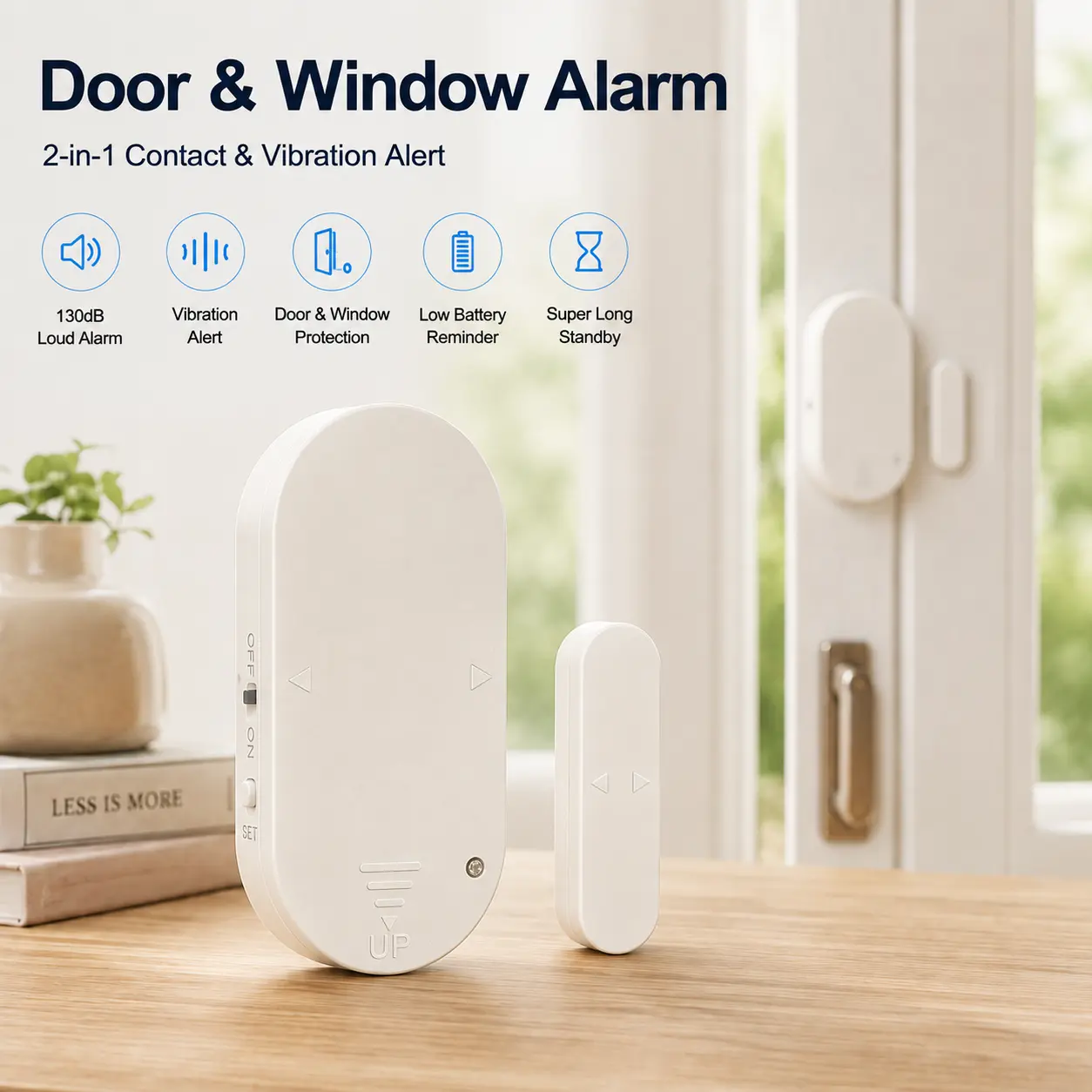 Door Window Alarm with 130dB Siren, 2-in-1 Contact & Vibration Sensor, Adjustable Volume and Sensitivity, Battery Powered Security Alarm, Easy Peel-and-Stick Installation for Home, Apartment, Doors, Windows, Cabinets and Drawers