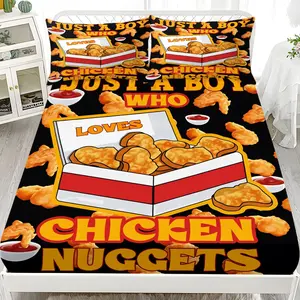 Bedding Sheet Set 3-Piece Chicken Print Bed Sheets (includes Pillowcases), 100% Polyester Fabric, Washable, Fun Food Style Bedroom Decor