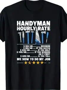 Men'S Funny Craftsman Hour Rate Print T-Shirt| Loose Style, Suitable For Daily Wear By Construction Workers And Enthusiasts, Durable Crew Neck Short-Sleeve Top, Ideal As A Humorous Gift For Construction Workers