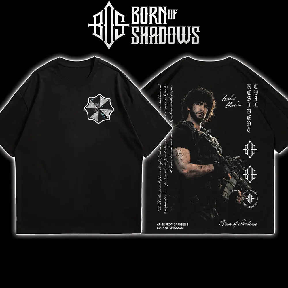 BOS4U Retro Vintage Limited Edition 'RE: Carlos Oliveira Umbrella Corporation' Resident Evil Premium Cotton Washed T-Shirt - Vintage Streetwear, Relaxed Fit Oversized Top, Unisex Gamer Fan Tee, Gift For Adults